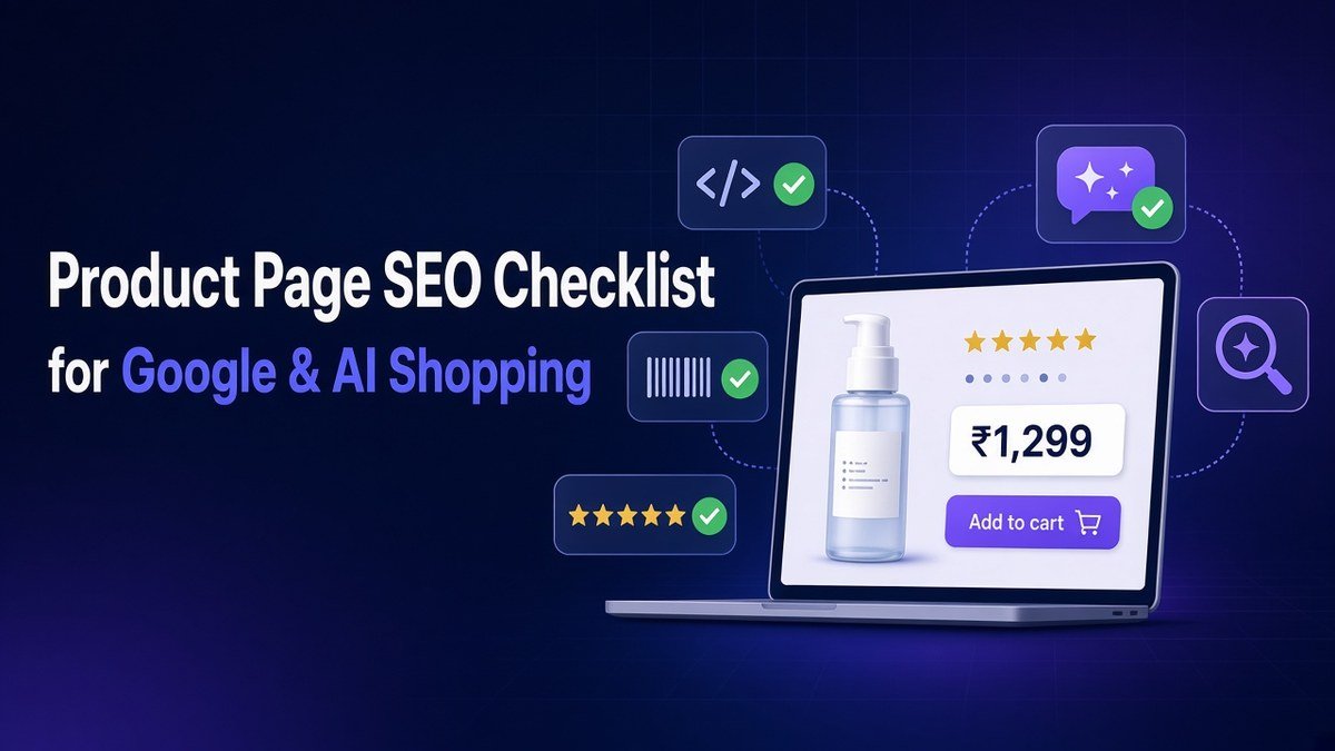 Product page SEO checklist for Google and AI shopping showing a product page with schema, GTIN, reviews and AI search checks