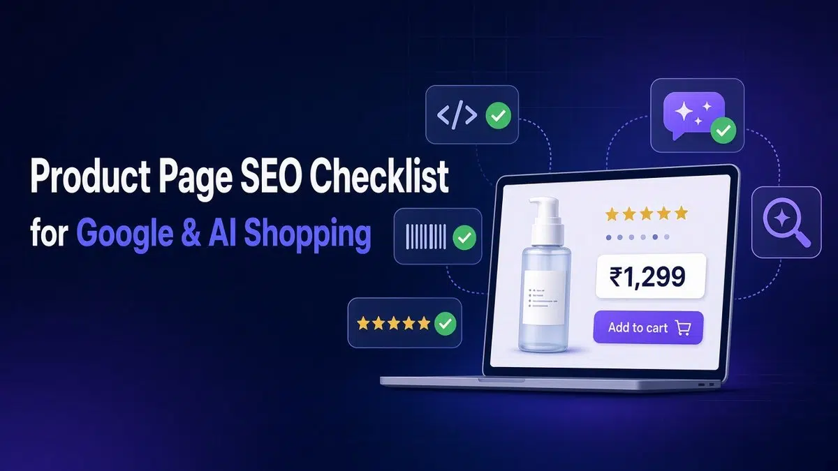 Product page SEO checklist for Google and AI shopping showing a product page with schema, GTIN, reviews and AI search checks